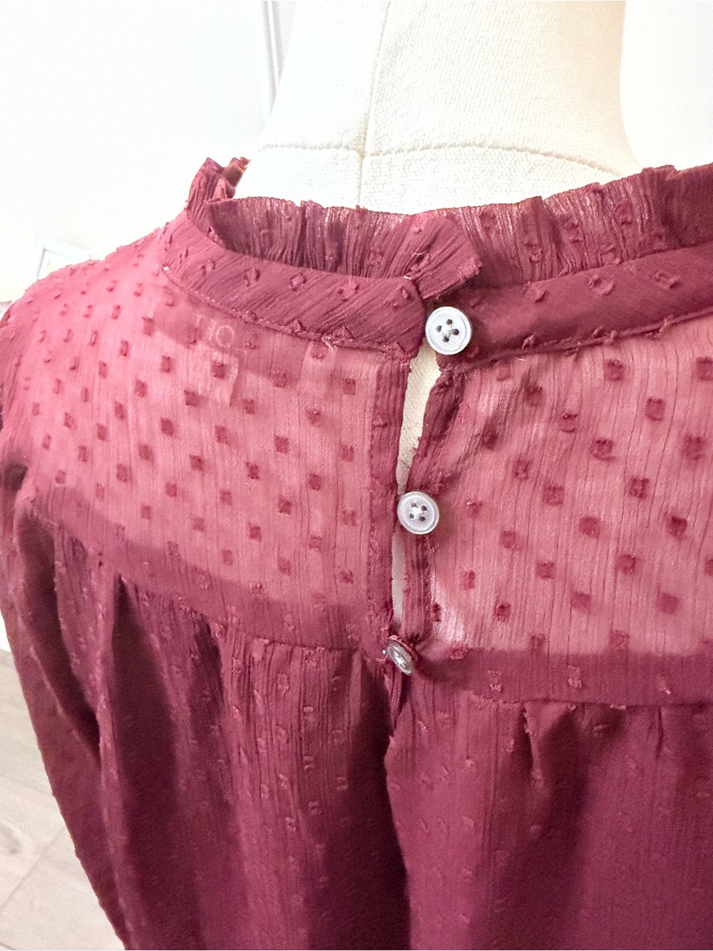 LOFT Burgundy Smocked High-Neck Blouse - Picture 8 of 11